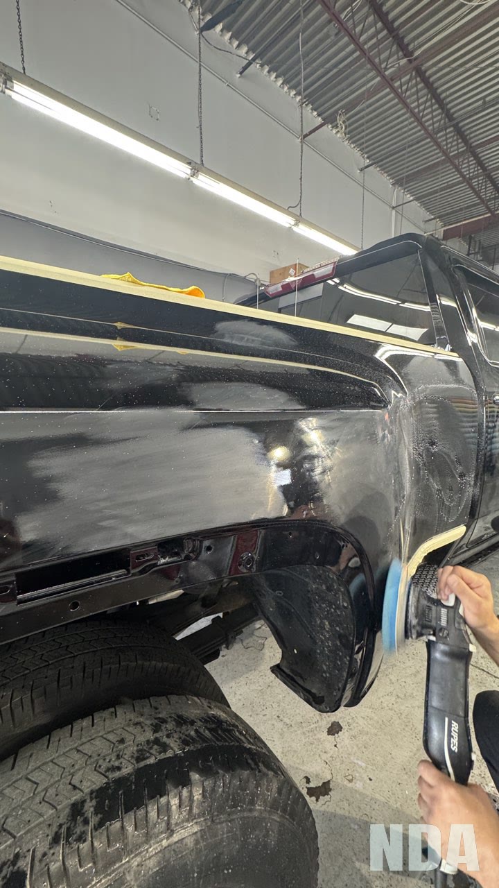 Machine polishing the panel, GMC Sierra 3500HD